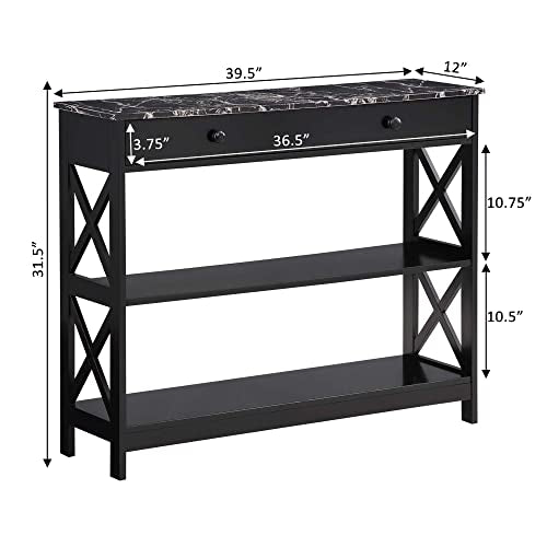 Convenience Concepts Oxford 1 Drawer Console Table with Shelves, Black Faux Marble/Black Convenience Concepts