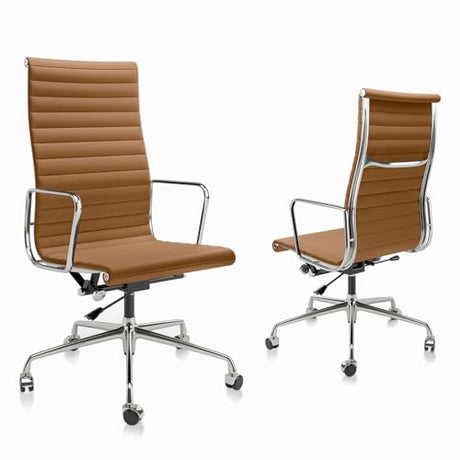 OTDMEL Ribbed Office Chair with Top Grain Leather - High Back Ergonomic Desk Chair with Aluminum Arm Rest and 5-Star Base, Swivel Chairs Light Brown OTDMEL
