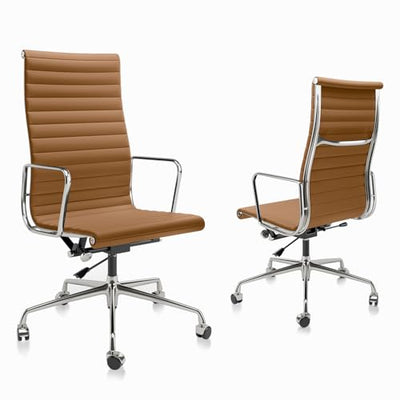 OTDMEL Ribbed Office Chair with Top Grain Leather - High Back Ergonomic Desk Chair with Aluminum Arm Rest and 5-Star Base, Swivel Chairs Light Brown