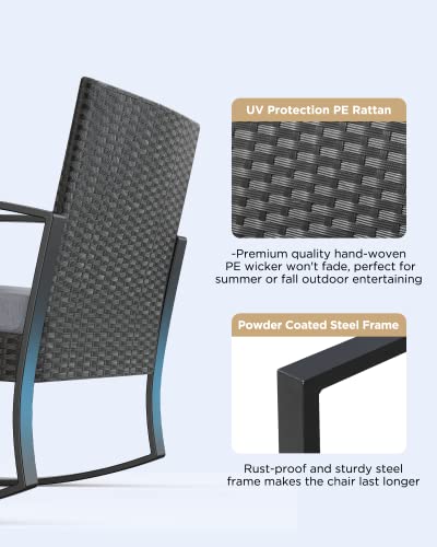 Qsun 3 Pieces Patio Furniture Set Rocking Bistro Set Outdoor Rattan Conversation with Coffee Table for Garden Balcony Backyard Poolside (Grey Cushion) Qsun