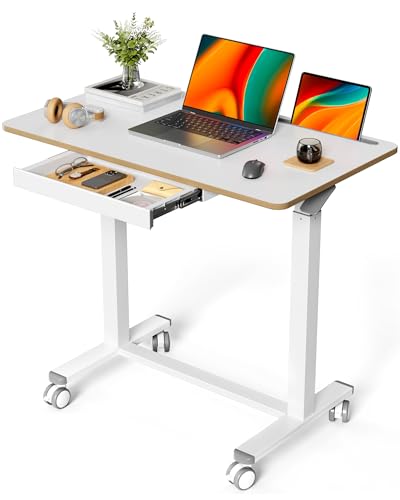 Liftsync Mobile Standing Desk, 35inch Small Rolling Table with Drawer, Height Adjustable Sit Stand Workstation, White Portable Laptop Cart with Hidden Wheels or Lockable Casters Liftsync