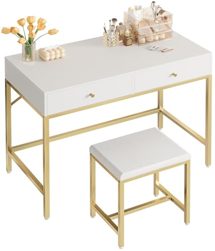 SUPERJARE 31.5" White and Gold Desk with 2 Drawers, Modern Makeup Vanity with Padded Stool, Small Computer Desk Home Office Desk for Writing Study Bedroom SUPERJARE