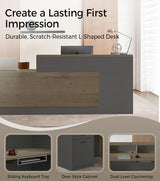 Modern L-Shaped Reception Desk with Counter - 71 Inches Front Desk with Storage Cabinet, Open Shelves, Lockable Drawer & Keyboard Tray for Office, Lobby, Checkout (Tobacco Wood & Iron Gray - Left) Anzhap
