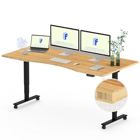 FLEXISPOT E6 Bamboo Dual Motor 3 Stages Standing Desk 60x30 Inch Whole-Piece Board Electric Height Adjustable Desk Stand Up Desk Large Load Capacity(Black Frame + Bamboo Curved Desktop) FLEXISPOT