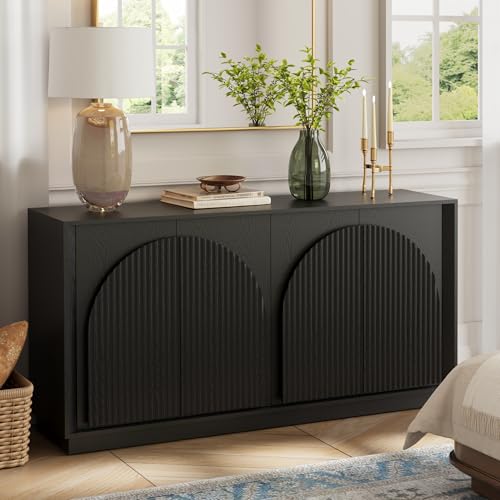 WIN2WIN 65" Fluted Sideboard Buffet Cabinet with Storage, Modern Credenza with Double-Layered Arch Doors, Wood TV Media Console Table Accent Cabinet for Living Room Dining Room Hallway Entryway, Black win2win