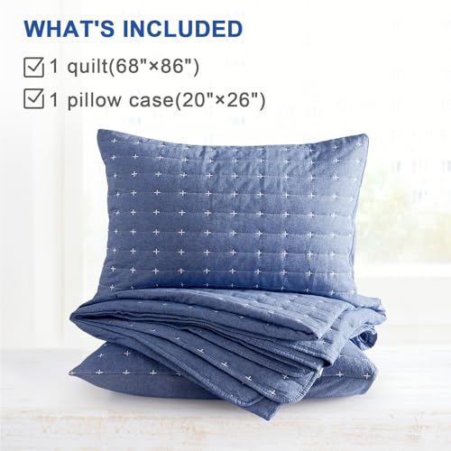 ENJOHOS Blue 100% Cotton Linen Twin Quilt Set, Twin Bedspread Coverlet, Twin Size Quilt Bedding Set, Reversible Lightweight Bed Quilt with Shams for Girl Boy Kid (2 Pieces, 68"x86") ENJOHOS