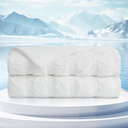 Cozy Bliss Cooling Comforter Seersucker Plaid Twin Size, Q-Max 0.45 Lightweight Cooling Blanket, Breathable Silk Smooth Summer Bedding Quilt for Hot Sleepers Night Sweats White Cozy Bliss