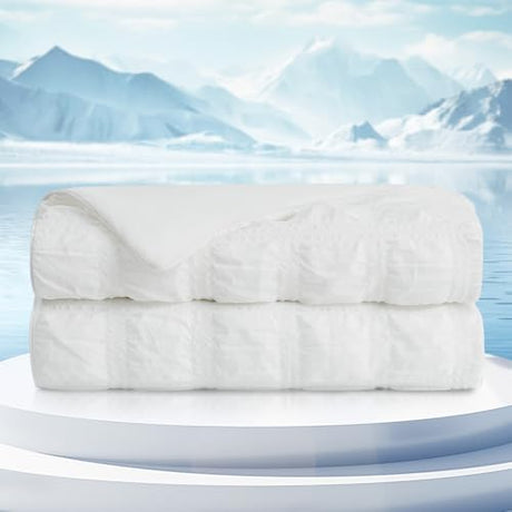 Cozy Bliss Cooling Comforter Seersucker Plaid Twin Size, Q-Max 0.45 Lightweight Cooling Blanket, Breathable Silk Smooth Summer Bedding Quilt for Hot Sleepers Night Sweats White Cozy Bliss