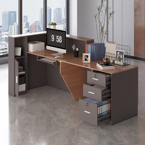 Zethvax L-Shaped Reception Desk,Large Front Desk with Keyboard Tray, Lockable Drawers & File Cabinet, Receptionist Desk for Checkout,Lobby (Right L-Walnut/Slate Gray, 71''L x 23.6''W x 41.3''H) Zethvax