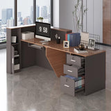 Zethvax L-Shaped Reception Desk,Large Front Desk with Keyboard Tray, Lockable Drawers & File Cabinet, Receptionist Desk for Checkout,Lobby (Right L-Walnut/Slate Gray, 71''L x 23.6''W x 41.3''H) Zethvax