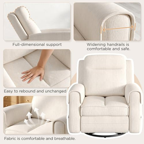 Maupvit Faux Shearling Recliner Chair - 360° Swivel Rocker with Adjustable Footrest and Backrest, Plush Upholstered Single Sofa for Small Spaces, for Living Room/Nursery/Home Theater (White) Maupvit