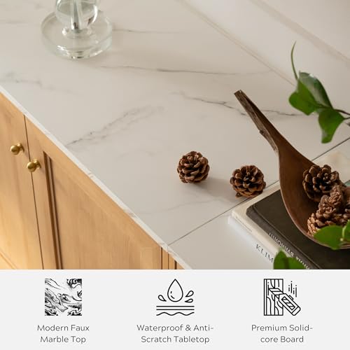 EYYTHUNG Storage Cabinet Sideboard Buffet Cabinet, Modern Accent Cabinet with Faux Marble Top & Adjustable Shelves, Wooden Credenza, Console Table Entryway Cabinet for Living Room, Oak EYYTHUNG