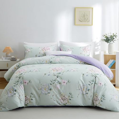 BOLINLIVING Floral Duvet Cover King Size 3 Pieces, Flower Duvet Cover with 2 Pillow Shams, Soft Floral Bedding Set Sage Green and Purple for All Season, Breathable, Zipper Closure… BOLINLIVING