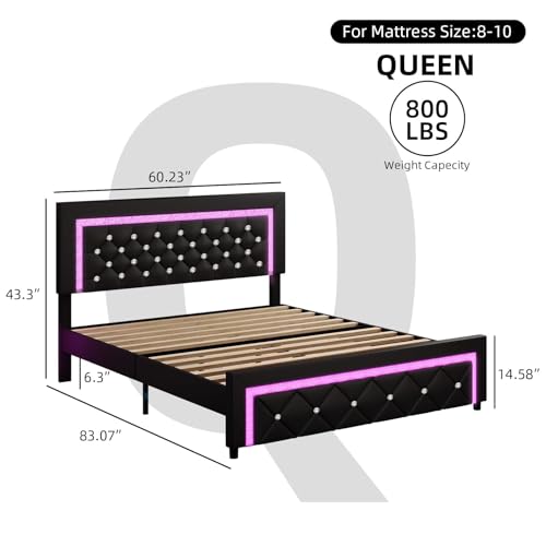 BarnFurin Queen Size Bed Frame with LED Lights, Upholstered Platform Bed with Diamond Tufted Headboard, No Box Spring Needed, Noise Free, Easy Assembly, Black BarnFurin