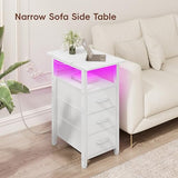 Vagusicc Set of 2 White Nightstand with Charging Station and LED Lights, Narrow End Table, LED Night Stand with 3 Fabric Drawers for Bedroom, Small Bedside Table, Narrow Side Table for Small Spaces Vagusicc