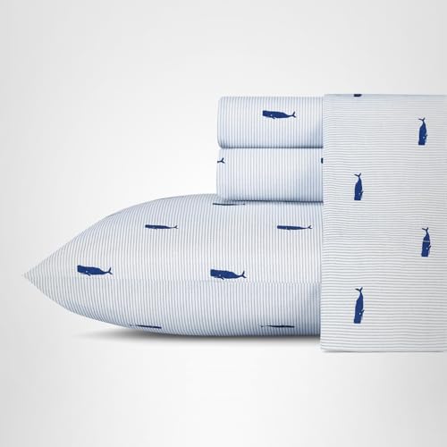 Nautica - Twin Size Sheet Set, Crisp & Tailored Cooling Sheets with a Smooth Cotton Percale Lightweight Feel - Bed Sheets with Matching Pillowcase & Fitted Sheet (Whale Stripe Blue) Nautica