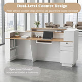 Modern Reception Desk with LED Lights & Built-in Outlets, 63” L-Shaped Front Desk with Slatted Grille Design,White Checkout Counter for Salon, Retail Store, Office, Dimmable Switch Laxodor