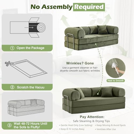 CozySpot Sofa Bed, 79" Convertible Sleeper Sofa with Pull Out Bed, 5-in-1 Folding Corduroy Futon Couch, Modular Loveseat Sofa Bed for Living Room, Bedroom & Apartment, Green CozySpot