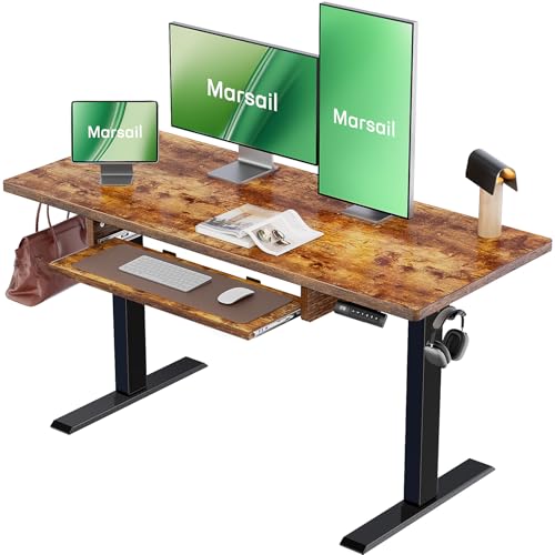 Marsail Electric Standing Desk with Ergonomic Keyboard Tray, 48x24 Inch Adjustable Height with 27.5” to 46.7” Height Range, 4 Memory Presets, Smooth and Quiet Lifting, Computer Workstation, Rustic Marsail