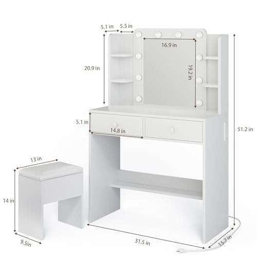 Haewon White Vanity Desk with Mirror and Lights, Makeup Vanity with 10 LED Bulbs and 3 Color Modes, Dressing Table Set with Power Outlets, Storage Drawers and Chair for Bedroom Haewon
