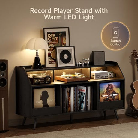 55 Inch Record Player Stand with LED Light, Modern Vinyl Record Storage Cabinet with 2 Drawers & Open Shelves, Holds up to 500 Albums, Turntable Stand w/Charging Station for Living Room Bedroom Black ONBRILL