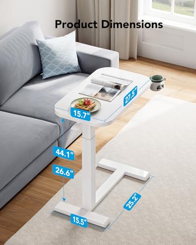 HUANUO 28Inch Bedside Table with Wheels, Height-Adjustable Rolling Computer Cart, Overbed Table with Cup Holder, Pneumatic Laptop Standing Desk for Home Office, White HUANUO