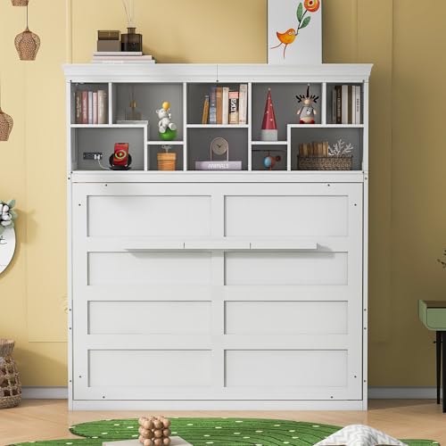 Merax Modern Farmhouse Solid Wood Murphy Cabinet Bed with Top Shelves & USB Charging, Tall Wall Platform Bed No Box Spring Needed/Easy Assemble Queen,White Merax