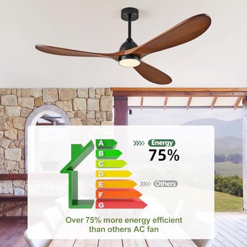 Eliora 54 inch Outdoor Ceiling Fan, Outdoor Ceiling Fans for Patios with Light and Remote Control, 3 Solid Wood Blades, Quiet DC Motor, Outdoor Ceiling Fans for Patios, Porch, Dark Walnut