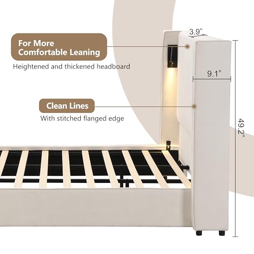 Christopher Knight Home Hazel 49.20" H King Headboard Bed, Upholstered King Size Bed, Slats Panel Support Platform, No Spring Box Needed, Wingback Headboard with Reading Lamps and USB, Beige Christopher Knight Home
