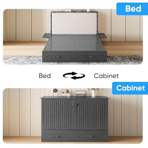 PUREMIND Murphy Bed Queen with Mattress Included - Solid Wood - Hideaway Cabinet Bed with Storage Drawers, USB Charging Ports - Space Saving Wallbed for Home, Guest Room, Gray PUREMIND