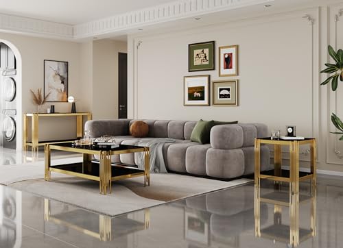 Maotifeys Modern 2-Tier Glass Console Table Luxury Black Tempered Glass Top Sofa Table with Shiny Gold Legs 55" Slim Entryway Hall Tables with Storage Shelf for Living Room Bedroom Maotifeys
