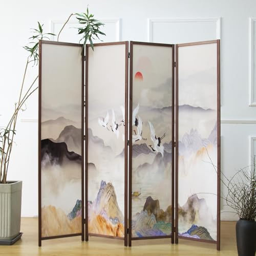 Furnnylane 4 Panel Room Divider Screen,Double Faced Panel Divider Folding Screen Divider for Room Separation,Colorful Landscape,67" H x 63" W Furnnylane
