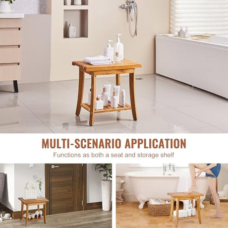 VEVOR Teak Shower Bench, 20in Waterproof Wood Shower Stool with Storage Shelf Non-Slip Foot Pads, 400 lbs Load Capacity Shower Chair Seat, for Bathroom Indoor and Outdoor Use VEVOR