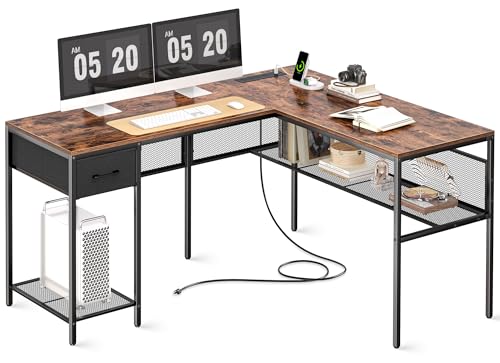 L-Shaped Rustic Brown Desk with Power Outlets and Storage Solutions - WoodArtSupply