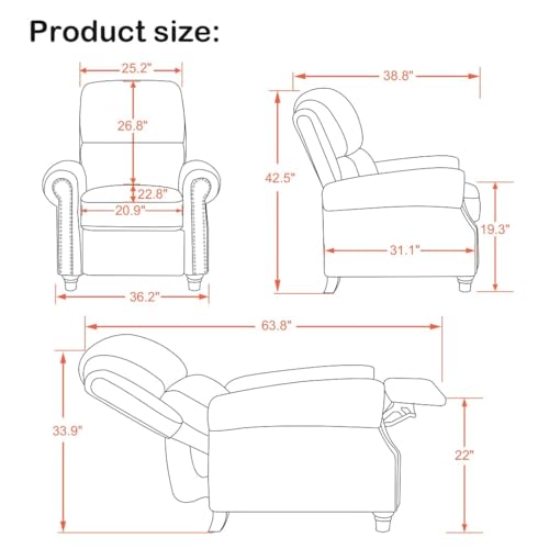 MCombo Pushback Recliner Chair, Chenille Upholstered Accent Chairs, Adjustable Reclining Sofa with Easy Lounge for Living Room Office 4865 (Blue) MCombo