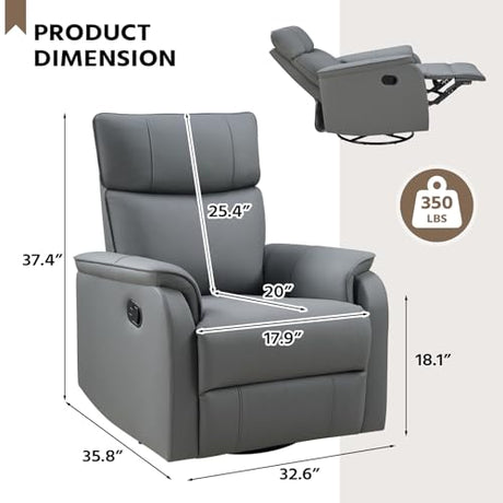 HAOMARKETS Swivel Rocker Recliner Chair, Manual Faux Leather Glider Rocking Recliners for Adults, 360° Swivel Nursery Reclining Sofa with Padded Backrest for Living Room, Grey HAOMARKETS