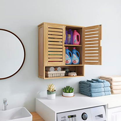 SMIBUY Bathroom Cabinet Wall Mounted, Bamboo Over-The-Toilet Storage Organizer, Space Saver Medicine Cabinet with 2 Door and Adjustable Shelves - WoodArtSupply