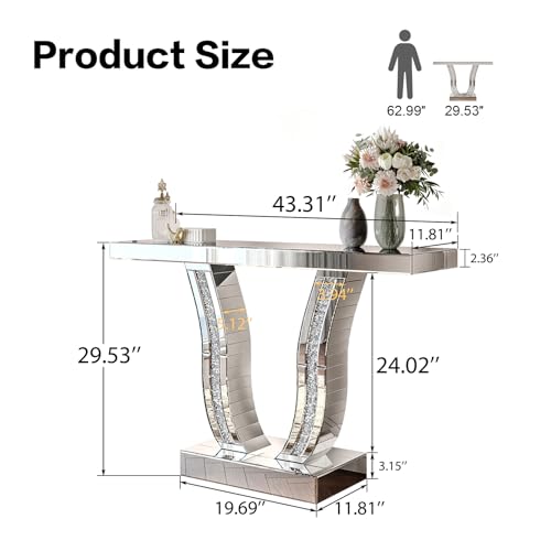 Maotifeys Mirrored Console Table with Crystal-Inlaid U-Shape Base Modern Elegant Silver Glass Entryway Tables for Living Room Luxury Accent Sofa Table with Curved Frame (Silver Table) Maotifeys