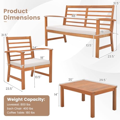 Tangkula 4 Pieces Outdoor Furniture Set, Acacia Wood Conversation Set w/Soft Seat Cushions, Stable Acacia Wood Frame, Patio Sofa & Coffee Table Set for Backyard, Porch, Poolside (White) - WoodArtSupply