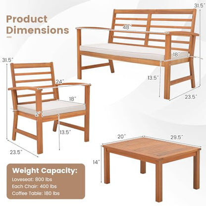 Tangkula 4 Pieces Outdoor Furniture Set, Acacia Wood Conversation Set w/Soft Seat Cushions, Stable Acacia Wood Frame, Patio Sofa & Coffee Table Set for Backyard, Porch, Poolside (White) - WoodArtSupply