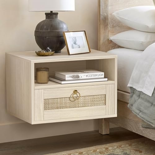 IGERI Floating Nightstand with Drawer for Wall Mounted Hanging Rattan Night Stand Bed Side Tables Wooden End Table Small Boho Dressers Farmhouse Shelves for Bedroom IGERI