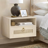 IGERI Floating Nightstand with Drawer for Wall Mounted Hanging Rattan Night Stand Bed Side Tables Wooden End Table Small Boho Dressers Farmhouse Shelves for Bedroom IGERI
