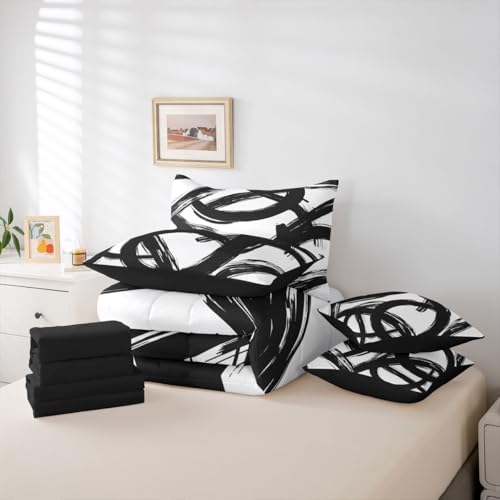 Erosebridal Black White Abstract 7 Piece Comforter Set King Bed in A Bag Modern Graffiti Minimalist Line Bedding Set Simple Sketch Cool Unique Geometric Sheet Set Ink Painting Aesthetic Quilt Erosebridal