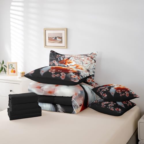 Feelyou Fox Comforter Set with Sheets Queen Size Kids Japanese Cherry Blossoms 7 Pieces Bedding Set for Boys Girls Teens Cute Cartoon Fox Bed in a Bag Woodland Fox Bed Set Nature Wildlife Feelyou