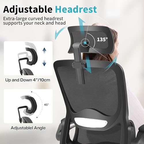 Nexthro Ergonomic Office Chair,Mesh Office Chair with Lumbar Support,High Back Desk Chair with Flip-up Arms,400 lbs Big and Tall Computer Chair with Headrest,Comfy Desk Chairs (Black) Nexthro