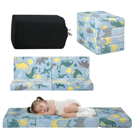MeMoreCool Foldable Floor Mattress for Kids, Glow Dinosaur Trifold Mat, Kids Folding Mattress Portable Futon, Blue MeMoreCool