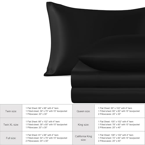 NTBAY Silk Satin Queen Sheet Set, 4-Piece Luxury and Soft Bedding Set Cooling Silky Sheets for Hair and Skin, Includes 2 Pillowcases, 1 Flat Sheet, 1 Fitted Sheet with Deep Pocket, Black NTBAY