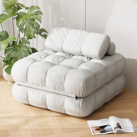 DSNAPE 3-in-1 Folding Sofa Bed, 35.4" Convertible Sleeper Chair Bed with Pillow Back Support, Portable Pull Out Velvet Futon Lounge Couch, Comfy Floor Mattress for Living Room Bedroom - White, Single DSNAPE