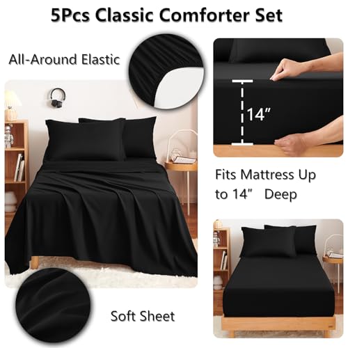 CozyLux Twin Comforter Set with Sheets Black - 5 Pieces Bed in a Bag Twin, All Season Bed Set for Girls and Boys, Bedding Set with Down Alternative Comforter, Sheets, Pillowcase & Sham CozyLux