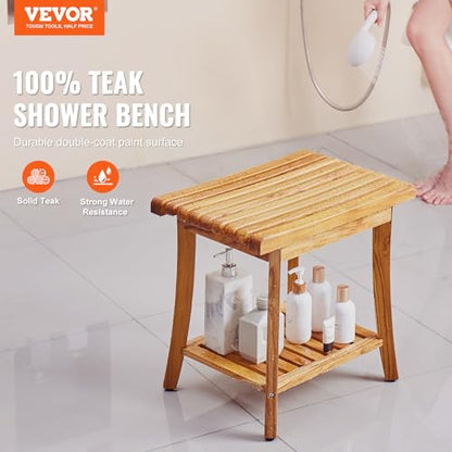 VEVOR Teak Shower Bench, 20in Waterproof Wood Shower Stool with Storage Shelf Non-Slip Foot Pads, 400 lbs Load Capacity Shower Chair Seat, for Bathroom Indoor and Outdoor Use - WoodArtSupply